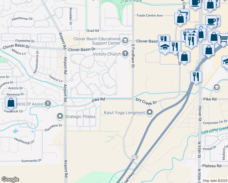 map of restaurants, bars, coffee shops, grocery stores, and more near 3501 Larkspur Drive in Longmont