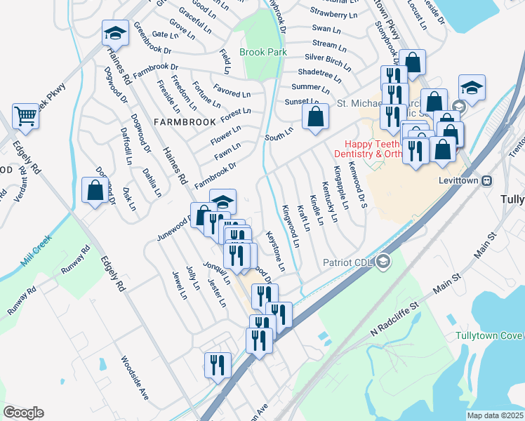 map of restaurants, bars, coffee shops, grocery stores, and more near 50 Kenwood Drive North in Levittown