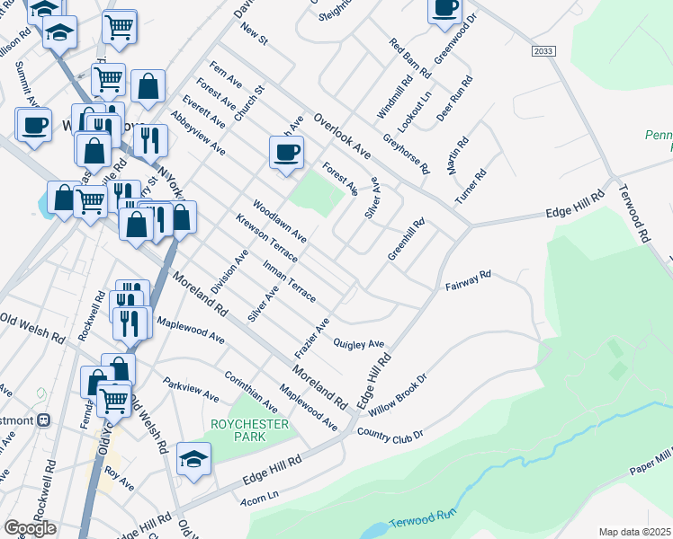 map of restaurants, bars, coffee shops, grocery stores, and more near 418 Woodlawn Avenue in Willow Grove