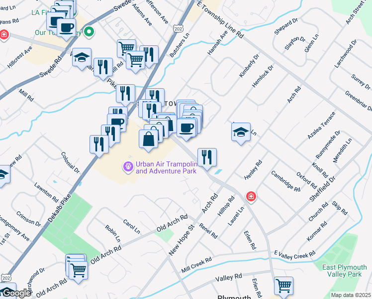 map of restaurants, bars, coffee shops, grocery stores, and more near 55 East Germantown Pike in East Norriton