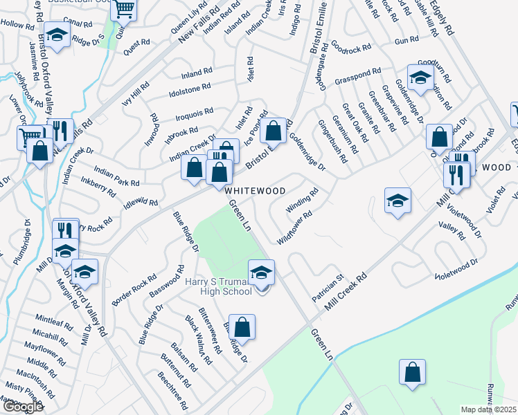 map of restaurants, bars, coffee shops, grocery stores, and more near 7 Wildflower Road in Levittown