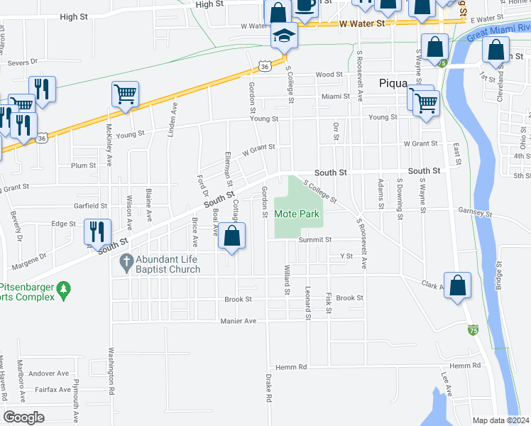map of restaurants, bars, coffee shops, grocery stores, and more near 684 Gordon Street in Piqua