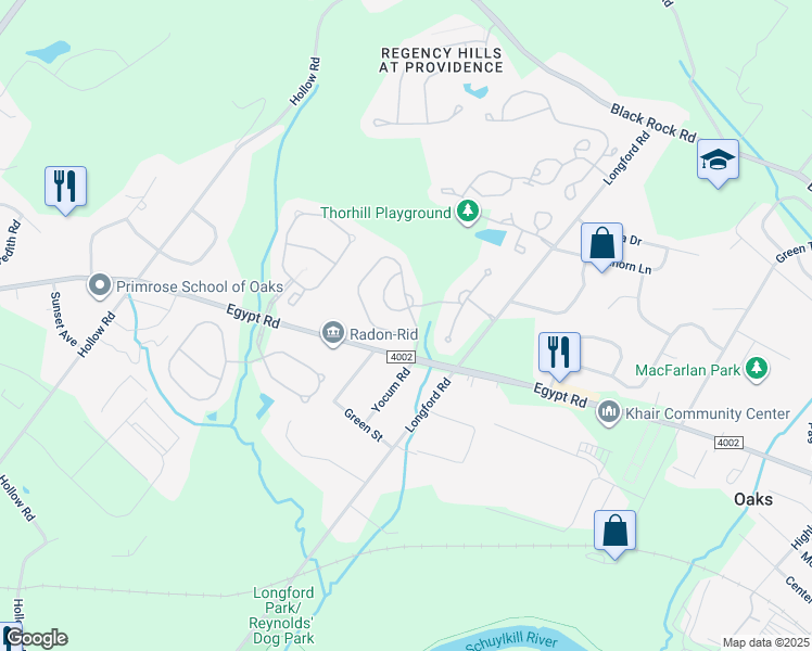 map of restaurants, bars, coffee shops, grocery stores, and more near 105 Hudson Drive in Phoenixville