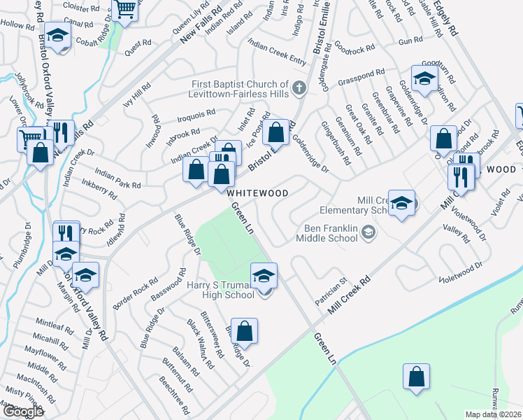 map of restaurants, bars, coffee shops, grocery stores, and more near 12 Wildflower Road in Levittown