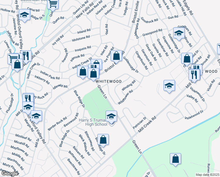 map of restaurants, bars, coffee shops, grocery stores, and more near 7 Wildflower Road in Levittown