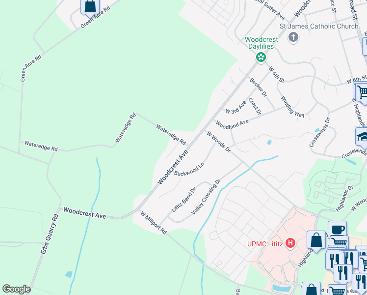 map of restaurants, bars, coffee shops, grocery stores, and more near 718 Woodcrest Avenue in Lititz