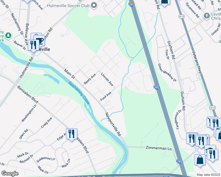 map of restaurants, bars, coffee shops, grocery stores, and more near 213 Ford Avenue in Hulmeville