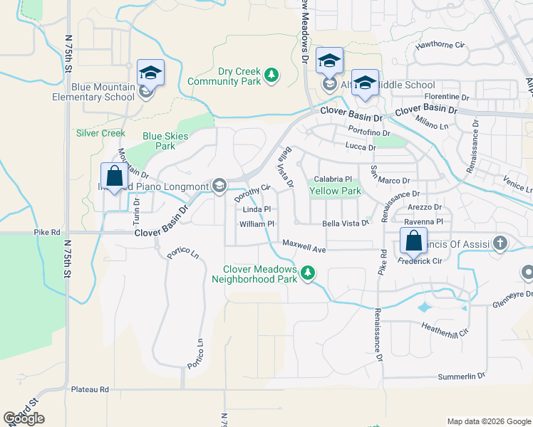 map of restaurants, bars, coffee shops, grocery stores, and more near 5012 William Place in Longmont