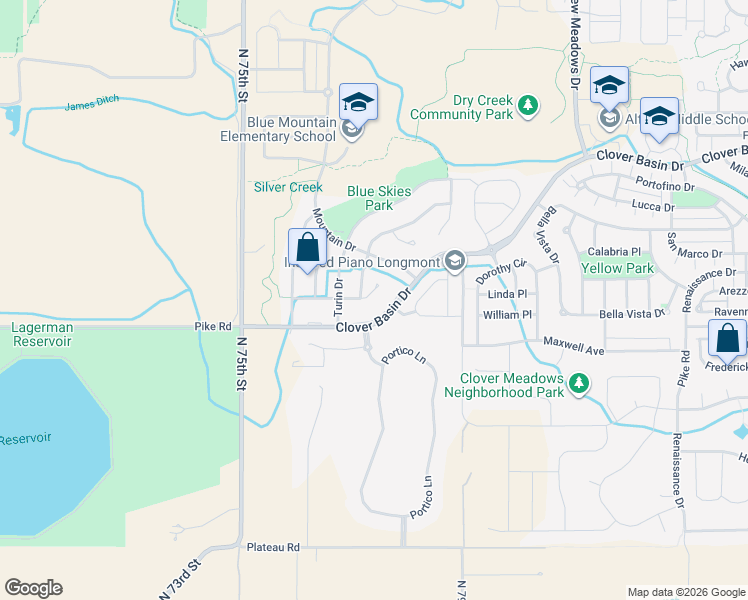 map of restaurants, bars, coffee shops, grocery stores, and more near 5512 Clover Basin Drive in Longmont