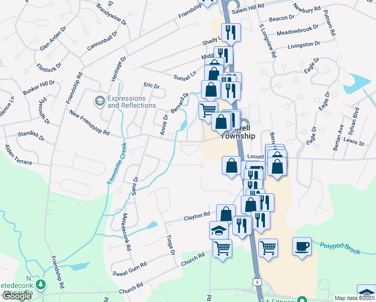 map of restaurants, bars, coffee shops, grocery stores, and more near 31 Driftwood Drive in Howell Township