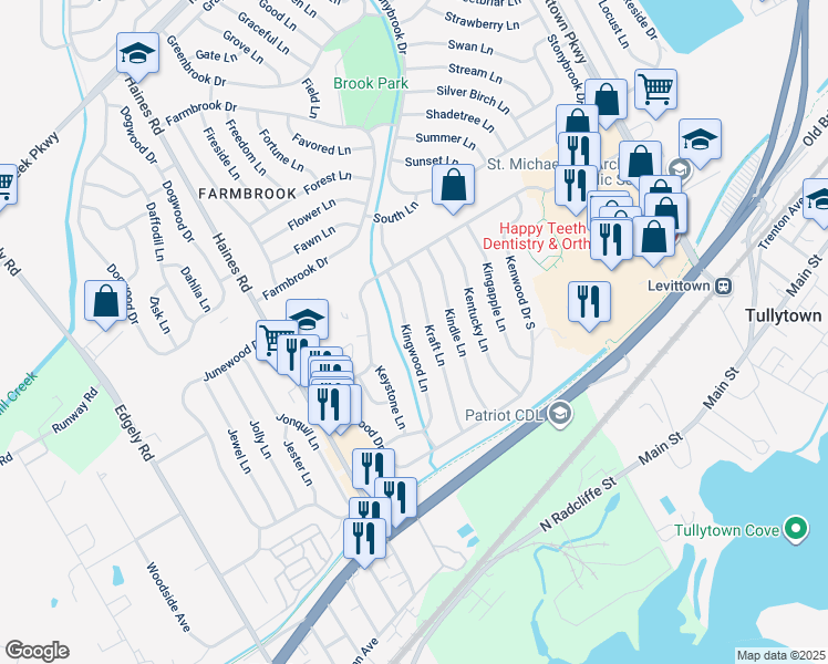 map of restaurants, bars, coffee shops, grocery stores, and more near 78 Kingwood Lane in Levittown