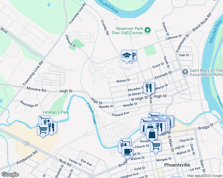 map of restaurants, bars, coffee shops, grocery stores, and more near 596 Emmett Street in Phoenixville