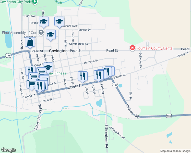map of restaurants, bars, coffee shops, grocery stores, and more near 926 Washington St in Covington