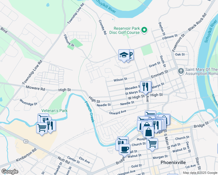 map of restaurants, bars, coffee shops, grocery stores, and more near 596 Emmett Street in Phoenixville