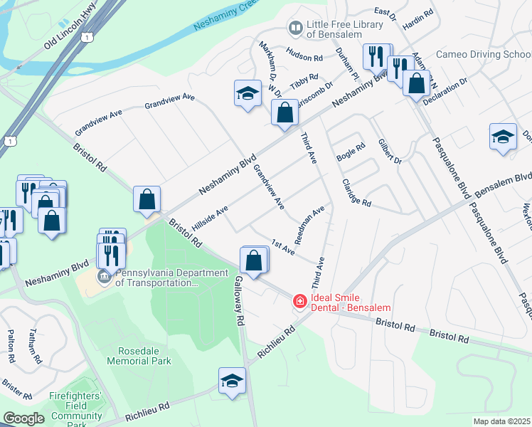 map of restaurants, bars, coffee shops, grocery stores, and more near 4835 Sunrise Avenue in Bensalem