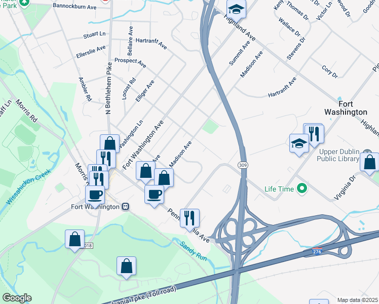 map of restaurants, bars, coffee shops, grocery stores, and more near 223 Madison Avenue in Fort Washington
