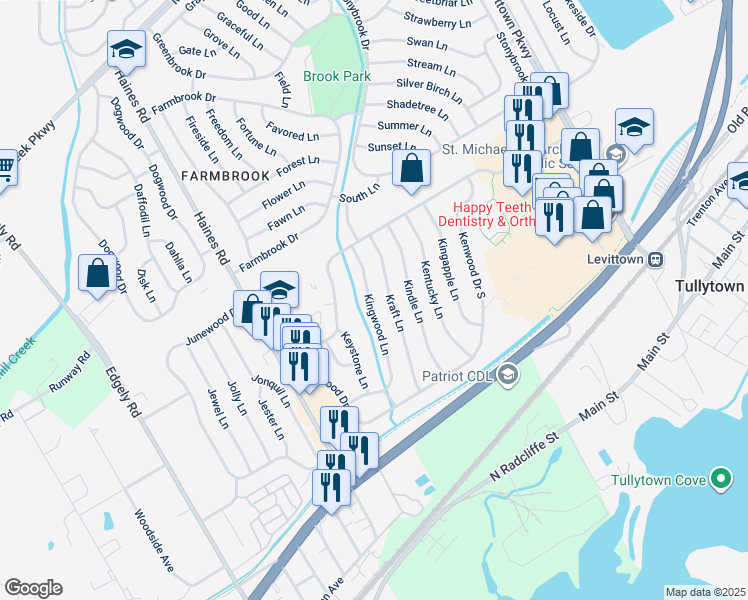 map of restaurants, bars, coffee shops, grocery stores, and more near 78 Kingwood Lane in Levittown