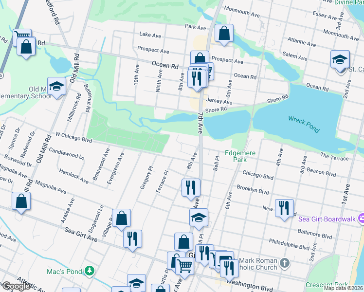 map of restaurants, bars, coffee shops, grocery stores, and more near 1000 West Chicago Boulevard in Sea Girt