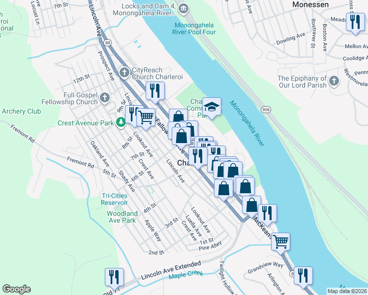 map of restaurants, bars, coffee shops, grocery stores, and more near 525 Fallowfield Avenue in Charleroi