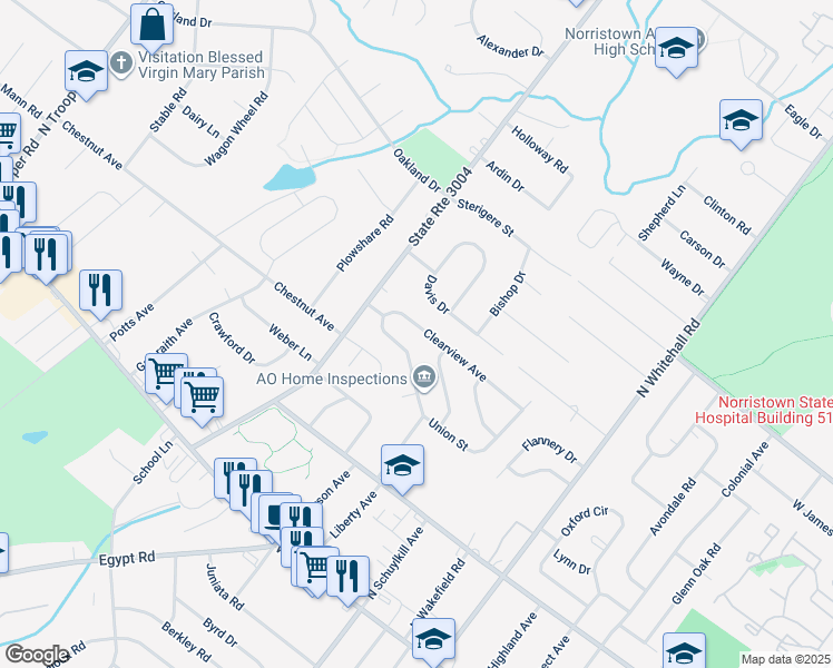 map of restaurants, bars, coffee shops, grocery stores, and more near 2020 Clearview Avenue in Norristown
