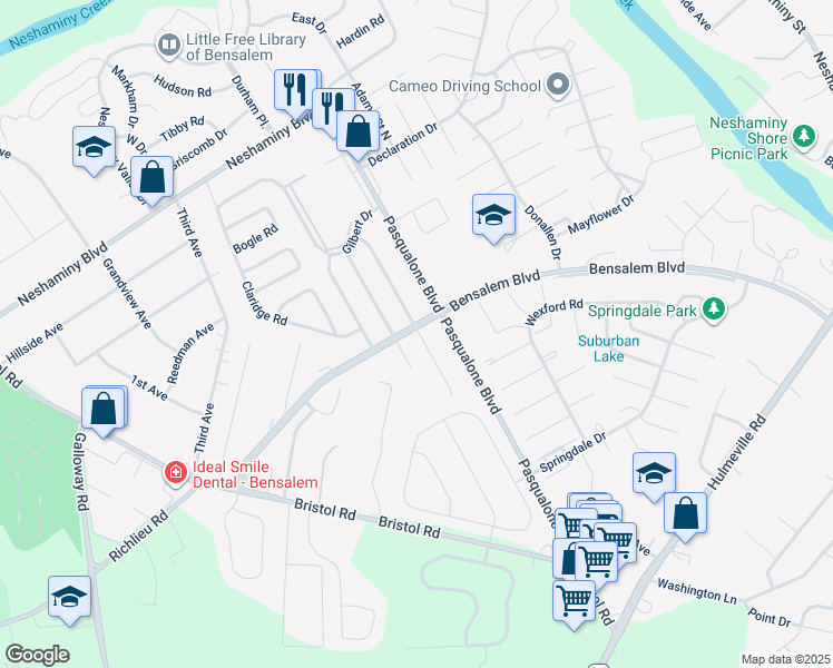 map of restaurants, bars, coffee shops, grocery stores, and more near 3301 Glendale Drive in Bensalem
