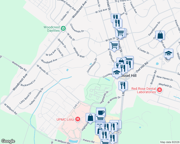 map of restaurants, bars, coffee shops, grocery stores, and more near 2 Heron Road in Lititz