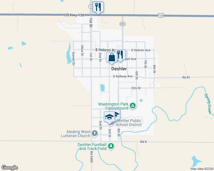 map of restaurants, bars, coffee shops, grocery stores, and more near 907 3rd Street in Deshler
