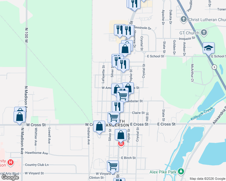 map of restaurants, bars, coffee shops, grocery stores, and more near 2224 Silver Street in Anderson
