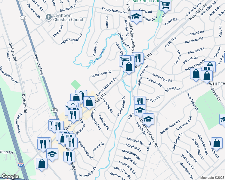 map of restaurants, bars, coffee shops, grocery stores, and more near 5006 New Falls Road in Levittown