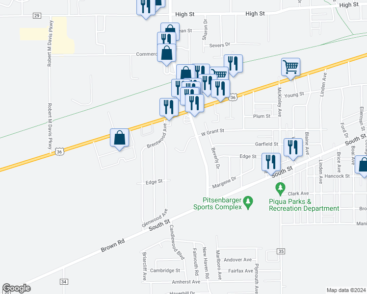 map of restaurants, bars, coffee shops, grocery stores, and more near 1851 West Grant Street in Piqua