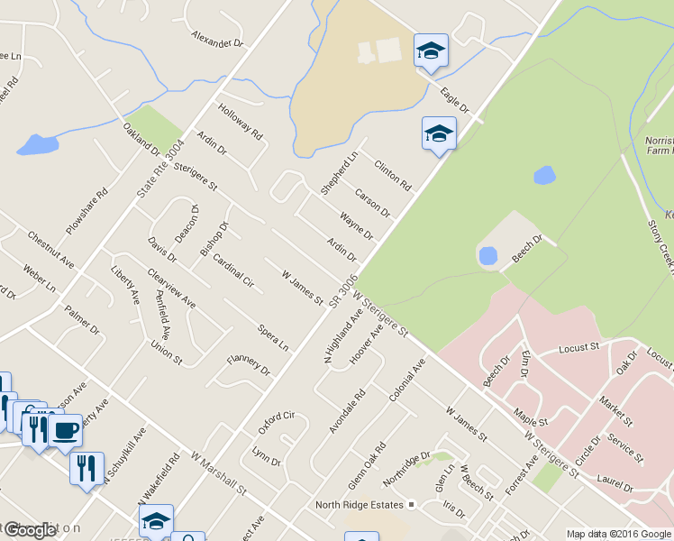 map of restaurants, bars, coffee shops, grocery stores, and more near 1805 Sterigere Street in Eagleville
