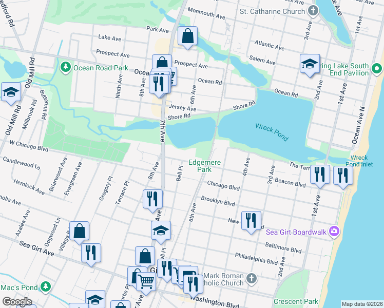 map of restaurants, bars, coffee shops, grocery stores, and more near 613 Beacon Boulevard in Sea Girt