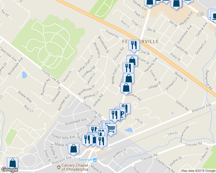 map of restaurants, bars, coffee shops, grocery stores, and more near 24 Hilltop Road in Feasterville-Trevose