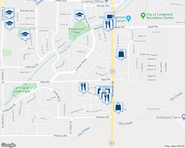 map of restaurants, bars, coffee shops, grocery stores, and more near 1546 South Coffman Street in Longmont