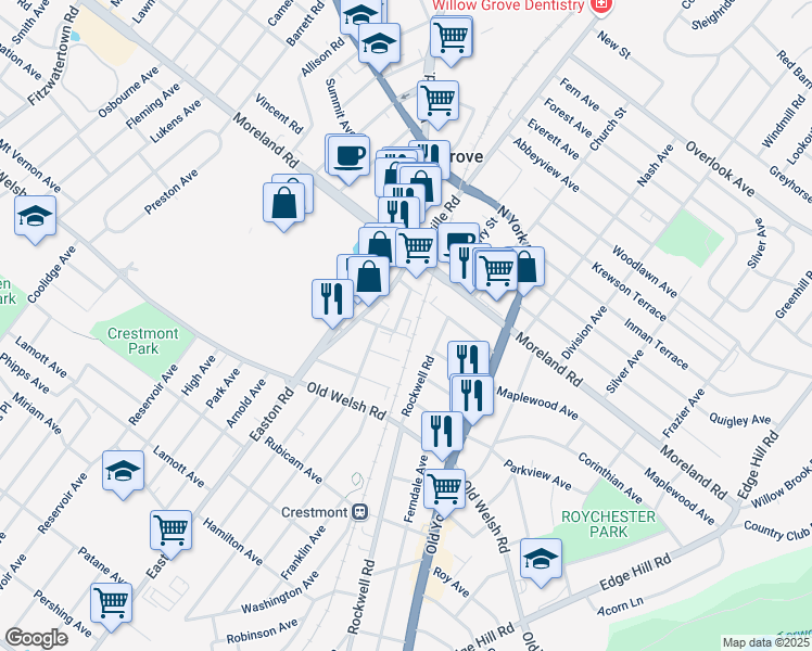 map of restaurants, bars, coffee shops, grocery stores, and more near 2226 Maplewood Avenue in Willow Grove