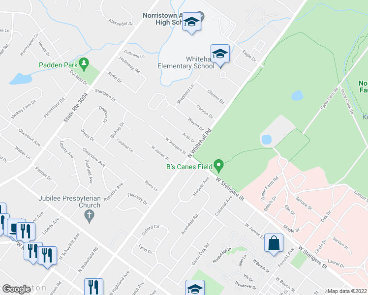 map of restaurants, bars, coffee shops, grocery stores, and more near 1805 Sterigere Street in Eagleville