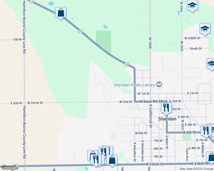 map of restaurants, bars, coffee shops, grocery stores, and more near 800 Ginger Lane in Sheridan