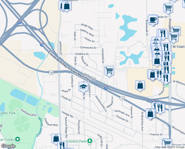 map of restaurants, bars, coffee shops, grocery stores, and more near 1500 West Anthony Drive in Champaign