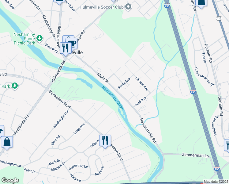 map of restaurants, bars, coffee shops, grocery stores, and more near 418 Main Street in Hulmeville