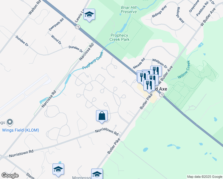 map of restaurants, bars, coffee shops, grocery stores, and more near 12 Tally Ho Lane in Blue Bell