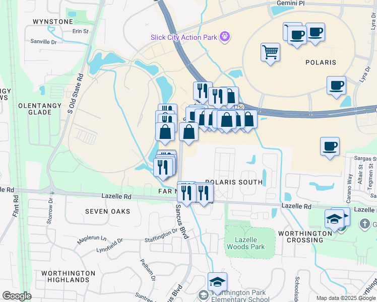 map of restaurants, bars, coffee shops, grocery stores, and more near 898 Edgemoor Drive North in Columbus