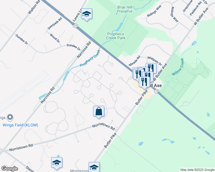 map of restaurants, bars, coffee shops, grocery stores, and more near 12 Tally Ho Lane in Blue Bell