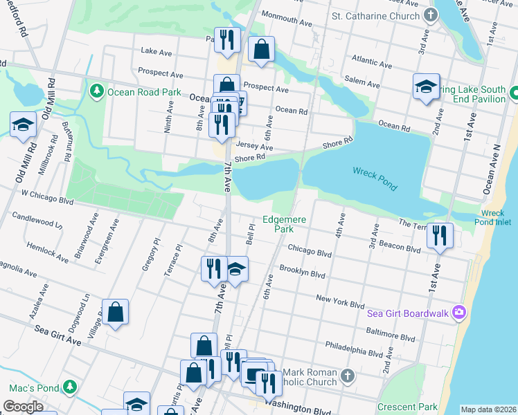 map of restaurants, bars, coffee shops, grocery stores, and more near 613 Beacon Boulevard in Sea Girt