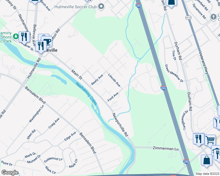 map of restaurants, bars, coffee shops, grocery stores, and more near 523 Washington Avenue in Hulmeville