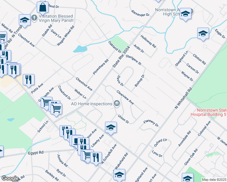 map of restaurants, bars, coffee shops, grocery stores, and more near 2024 Clearview Avenue in Norristown