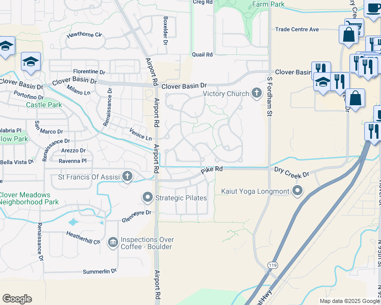 map of restaurants, bars, coffee shops, grocery stores, and more near 3614 Clover Creek Lane in Longmont