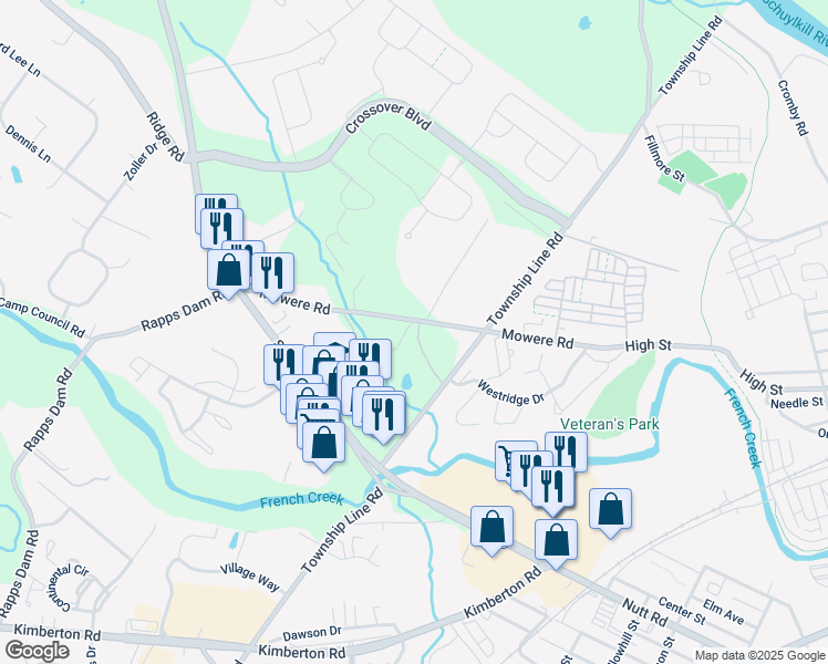 map of restaurants, bars, coffee shops, grocery stores, and more near 1010 Mowere Road in Phoenixville