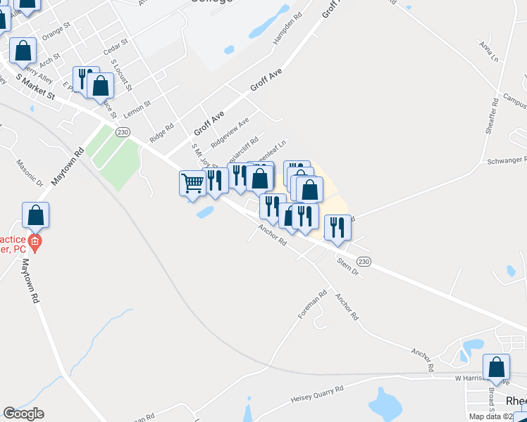 map of restaurants, bars, coffee shops, grocery stores, and more near 1579 South Market Street in Elizabethtown
