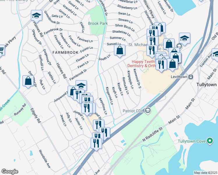 map of restaurants, bars, coffee shops, grocery stores, and more near 80 Kingwood Lane in Levittown