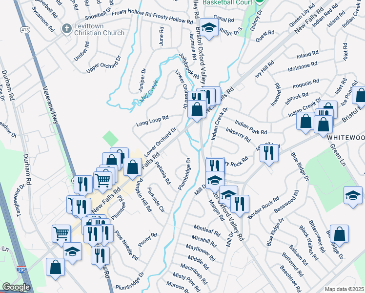 map of restaurants, bars, coffee shops, grocery stores, and more near 214 Plumbridge Drive in Levittown